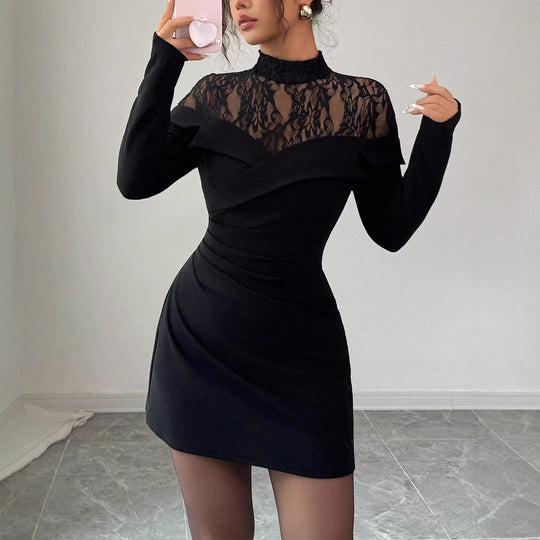 Damen Figurbetontes Minikleid mit Spitzen‑Einsatz, Stehkragen und Drapierung Shop Nory