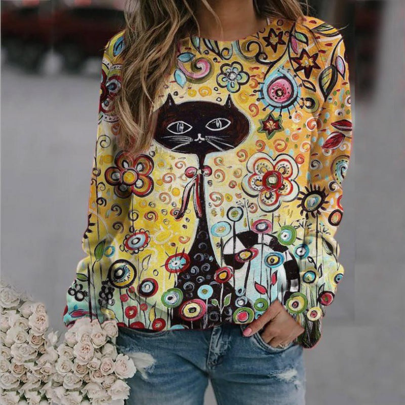 Damen Oversized-Sweatshirt mit künstlerischem Katzen-Print und floraler Musterung Shop Nory