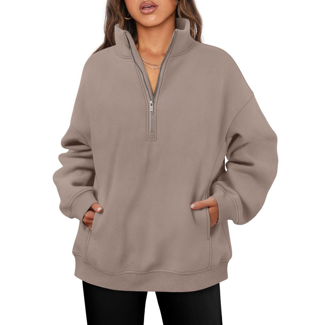 Damen nan oversized Halbzip-Pullover mit Stehkragen, Kängurutasche und Rippbündchen Shop Nory