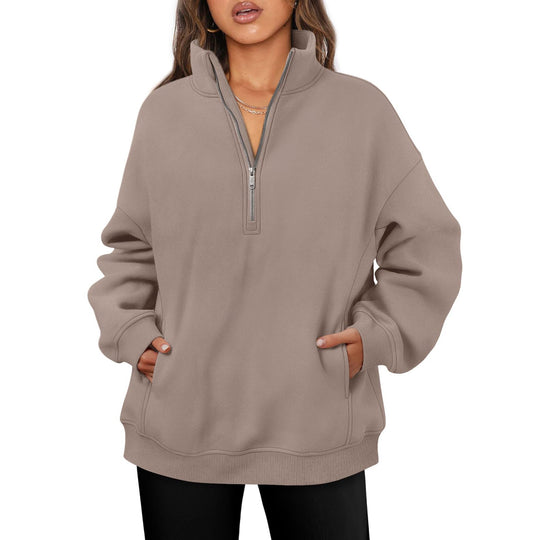 Damen nan oversized Halbzip-Pullover mit Stehkragen, Kängurutasche und Rippbündchen Shop Nory