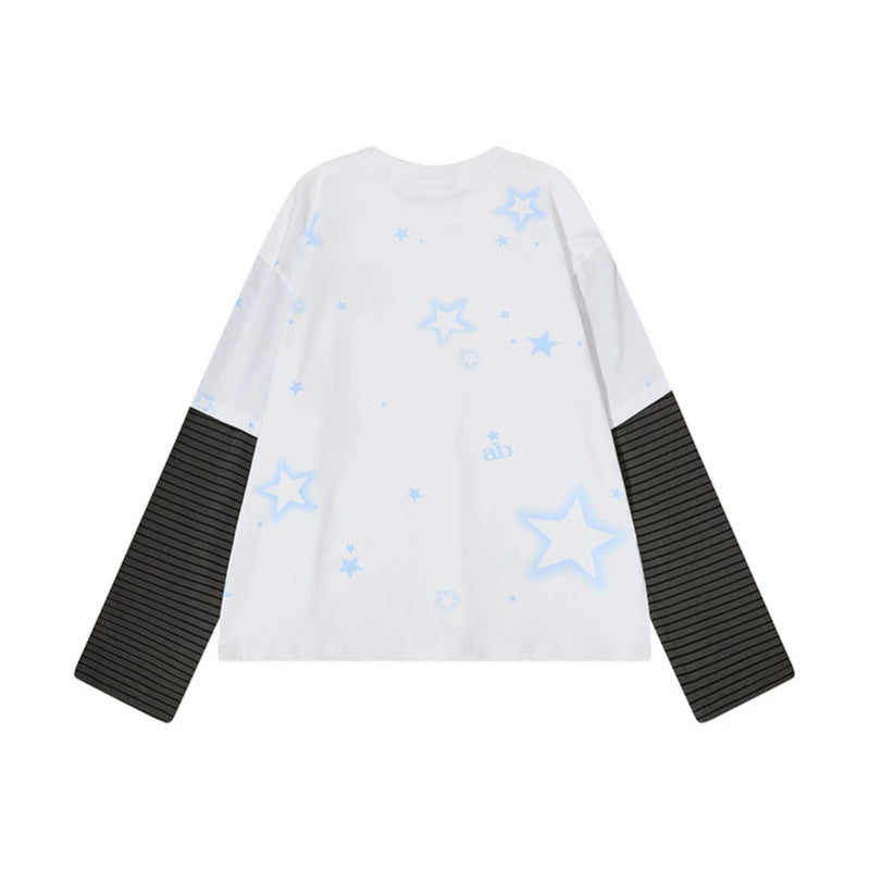 Damen Layered-Langarmshirt mit gestreiften Einsatzärmeln, Stern-Print und Applikation Shop Nory