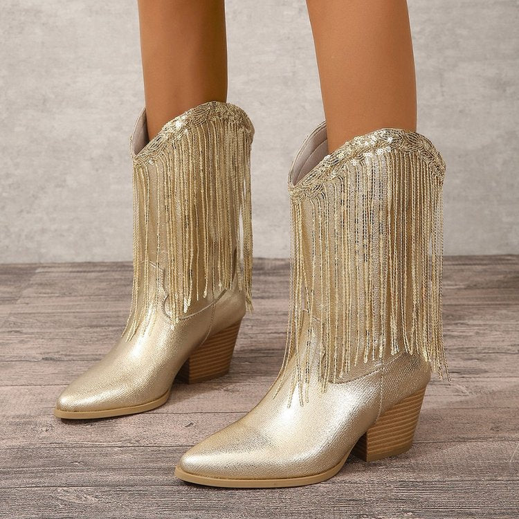 Damen kniehohe Fransen-Cowboystiefel mit feiner Perlenfransen-Verzierung und geformtem Blockabsatz Shop Nory