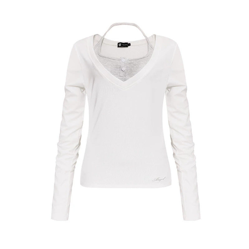 Damen Langarm-Shirt mit doppeltem Layer‑Effekt, tiefem V‑Ausschnitt und gestreiftem Einsatz Shop Nory