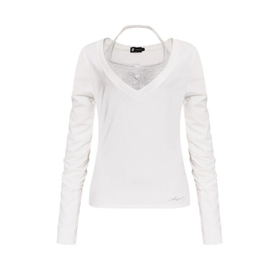 Damen Langarm-Shirt mit doppeltem Layer‑Effekt, tiefem V‑Ausschnitt und gestreiftem Einsatz Shop Nory