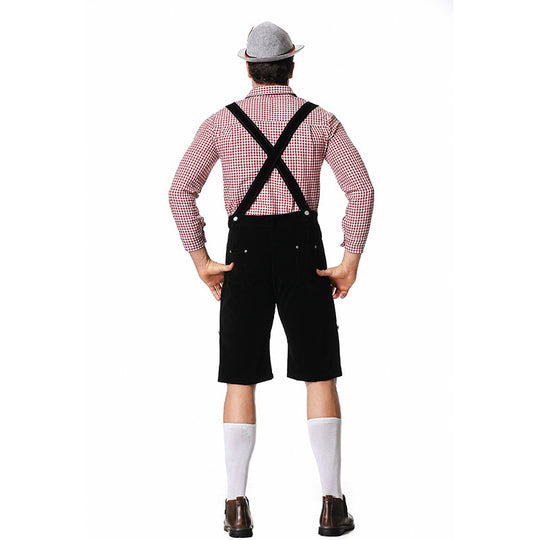 Herren nan kurze Trachtenlederhose in Veloursleder-Optik mit besticktem Brustlatz und verstellbaren Trägern Shop Nory