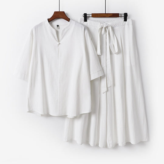 Damen Lässiges Leinen-Viskose Lounge-Set mit Stehkragen-Oberteil und weiten Palazzo-Hose Shop Nory