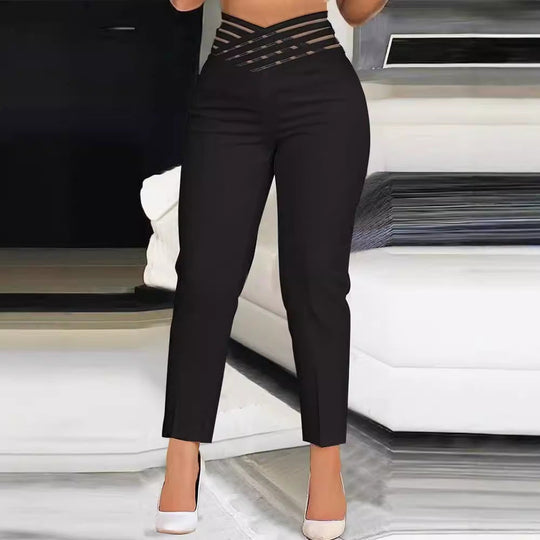 Damen Hochtaillierte Stretch-Hose mit transparentem Gummibund Shopnory