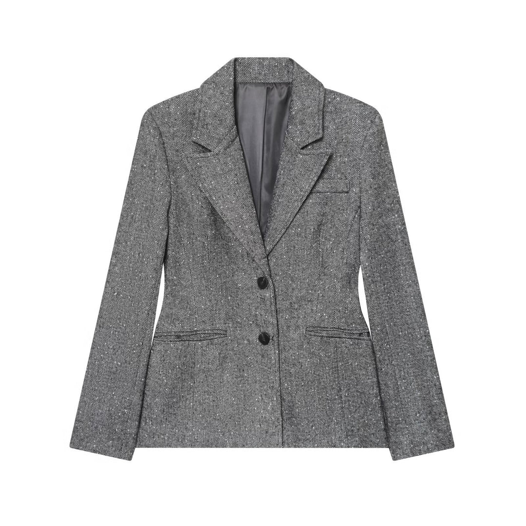 Damen Taillierter Blazer im Fischgrätmuster mit Reverskragen und Pattentaschen Shop Nory