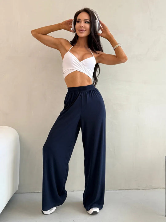 Damen weite High-Waist Palazzo-Hose aus geripptem Jersey mit elastischem Bund Shop Nory