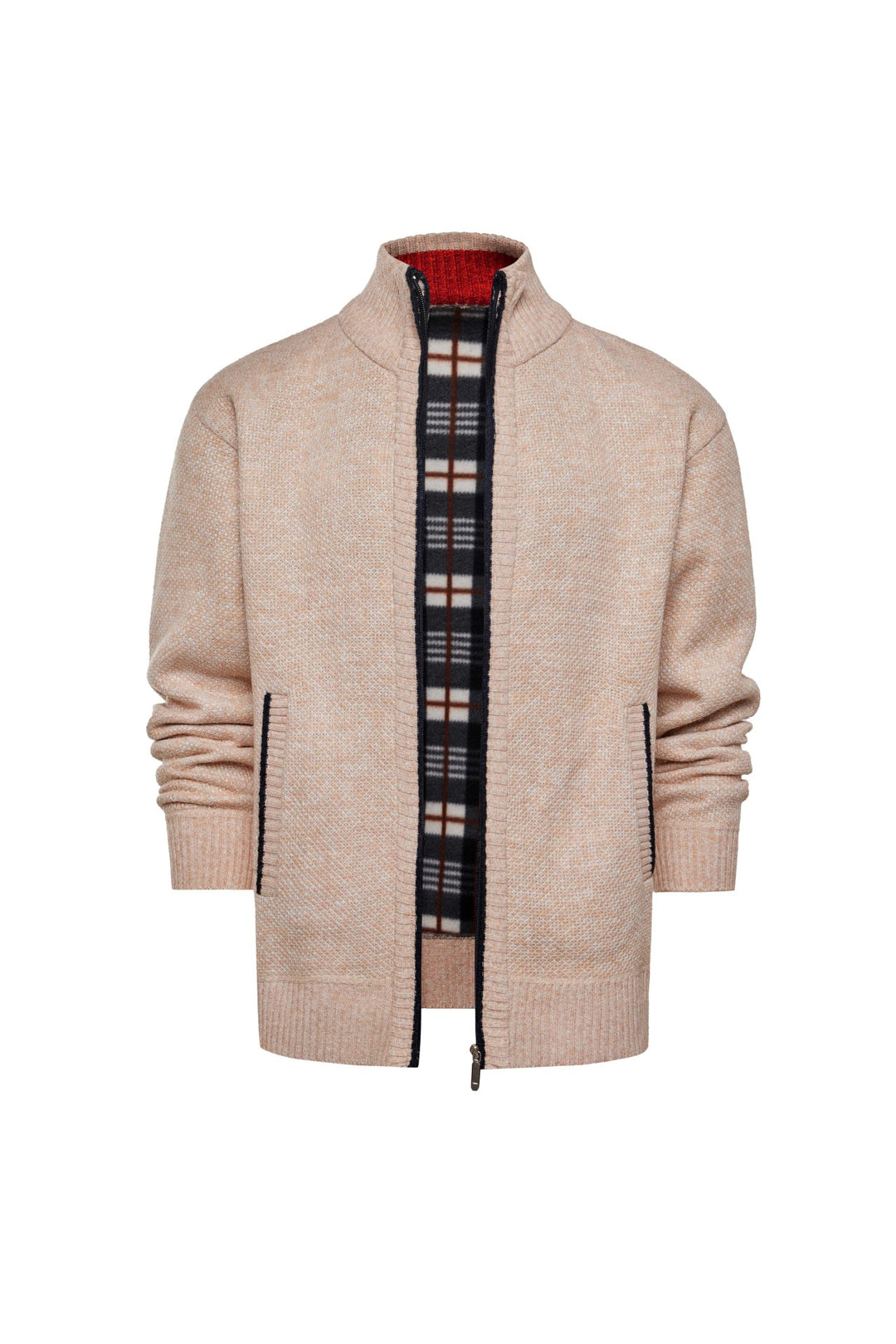 Herren gebürstete Strickjacke mit kariertem Thermofutter und Stehkragen Shop Nory