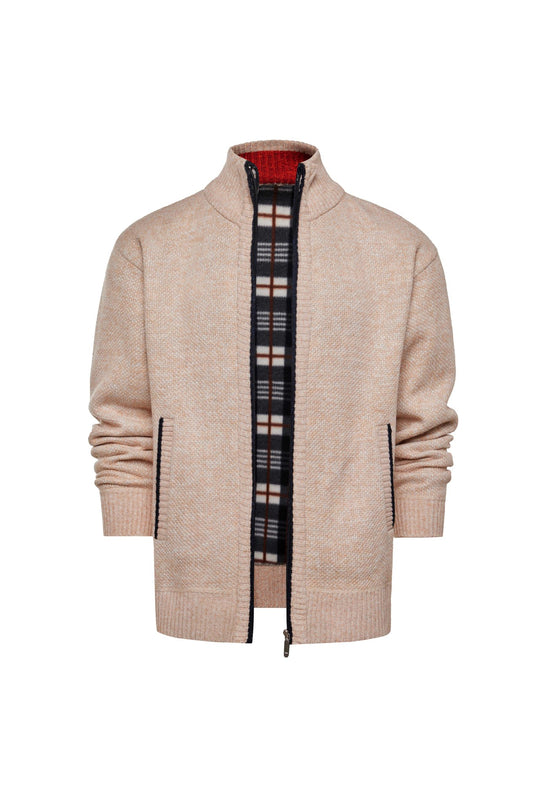 Herren gebürstete Strickjacke mit kariertem Thermofutter und Stehkragen Shop Nory