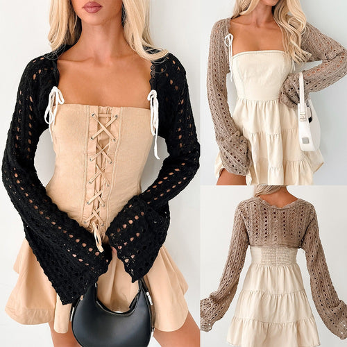 Damen Kurzer Häkel-Bolero mit Ajourmuster, BindShop Noryand und Trompetärmeln Shop Nory