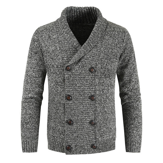Herren doppelreihige Strickcardigan mit Schalkragen, strukturierter Maschenoptik und gerippten Bündchen Shop Nory
