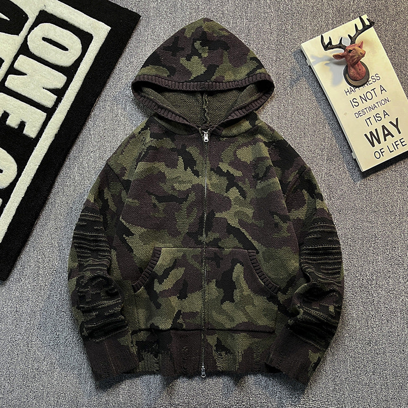 Herren Strick-Kapuzenjacke im Camouflage-Look mit Reißverschluss und used-Details Shop Nory