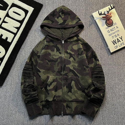Herren Strick-Kapuzenjacke im Camouflage-Look mit Reißverschluss und used-Details Shop Nory