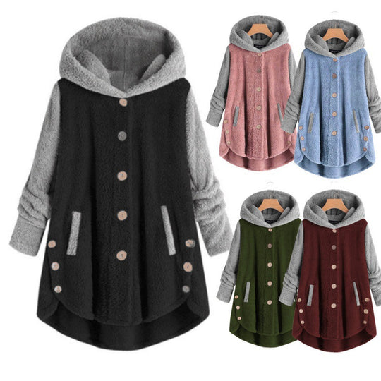 Damen Oversized Teddy-Mantel mit Kapuze, asymmetrischem Zipfelsaum und Holzknopf-Leiste Shop Nory