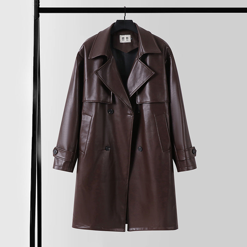 Herren Lederimitat-Trenchcoat mit Doppelreiher, Oversize-Schnitt und Manschettenriegel Shop Nory