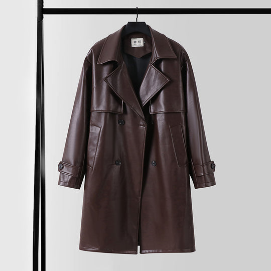 Herren Lederimitat-Trenchcoat mit Doppelreiher, Oversize-Schnitt und Manschettenriegel Shop Nory