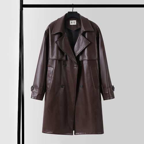 Herren Lederimitat-Trenchcoat mit Doppelreiher, Oversize-Schnitt und Manschettenriegel Shop Nory