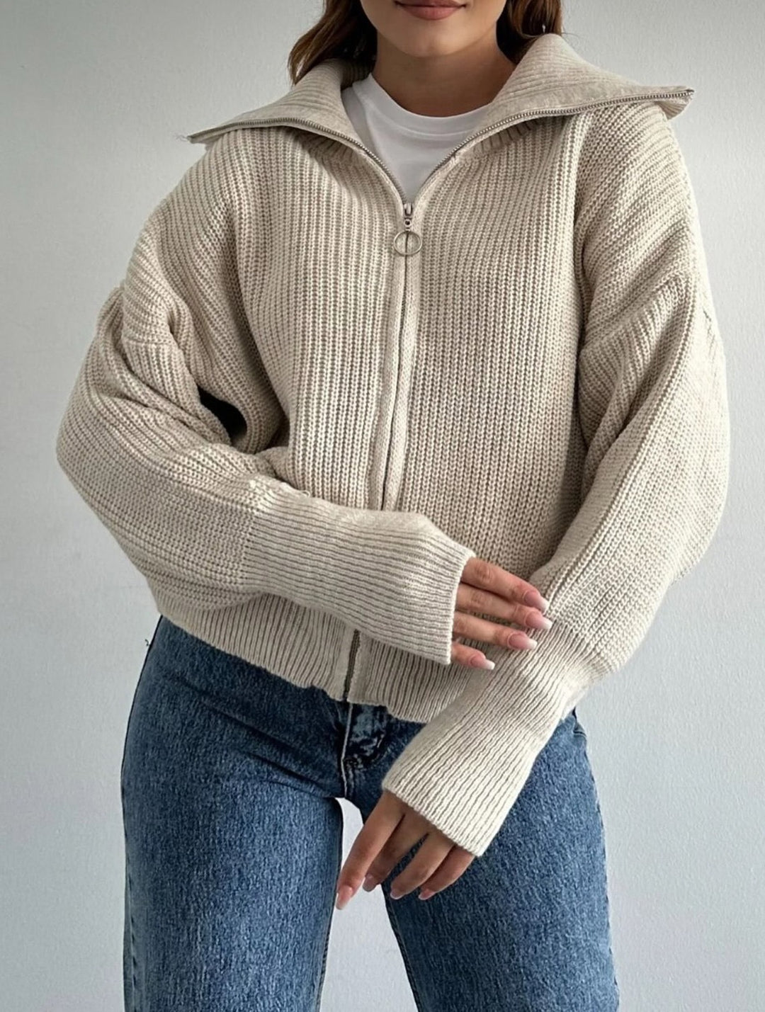 Damen Oversize Strickjacke mit Reißverschluss und hohem Kragen Shop Nory
