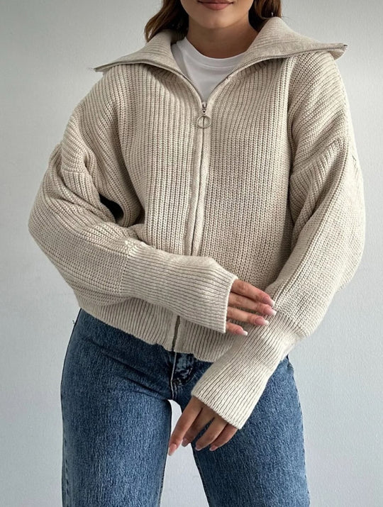 Damen Oversize Strickjacke mit Reißverschluss und hohem Kragen Shop Nory