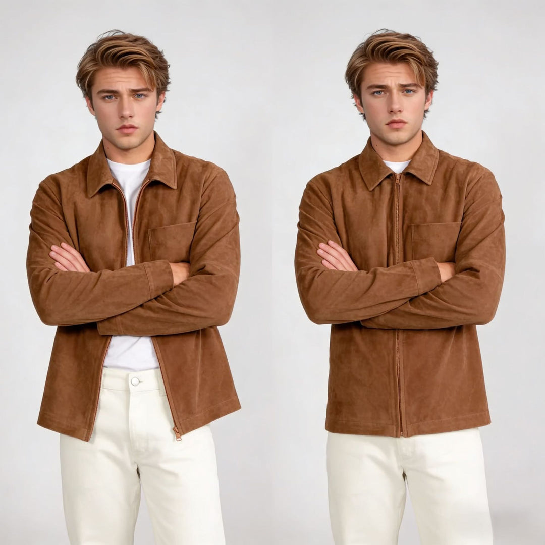 Herren Velourslederjacke mit Reißverschluss und Hemdkragen Shop Nory