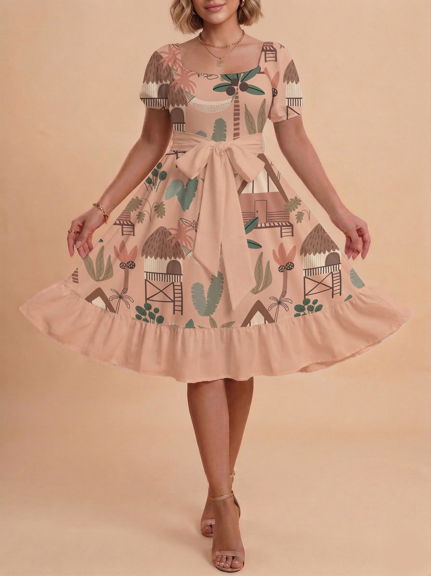 Damen Sommerliches Blumenkleid mit taillierbarem Gürtel und voluminösen Ärmeln