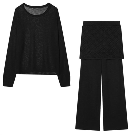 Damen Feinstrick-Loungewear-Set mit Rundhals-Pullover, weitem Palazzo und strukturierter Rock-Overlay Shop Nory