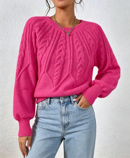 Damen kurzgeschnitteter Grobstrick-Zopfpullover mit Ballonärmeln Shop Nory
