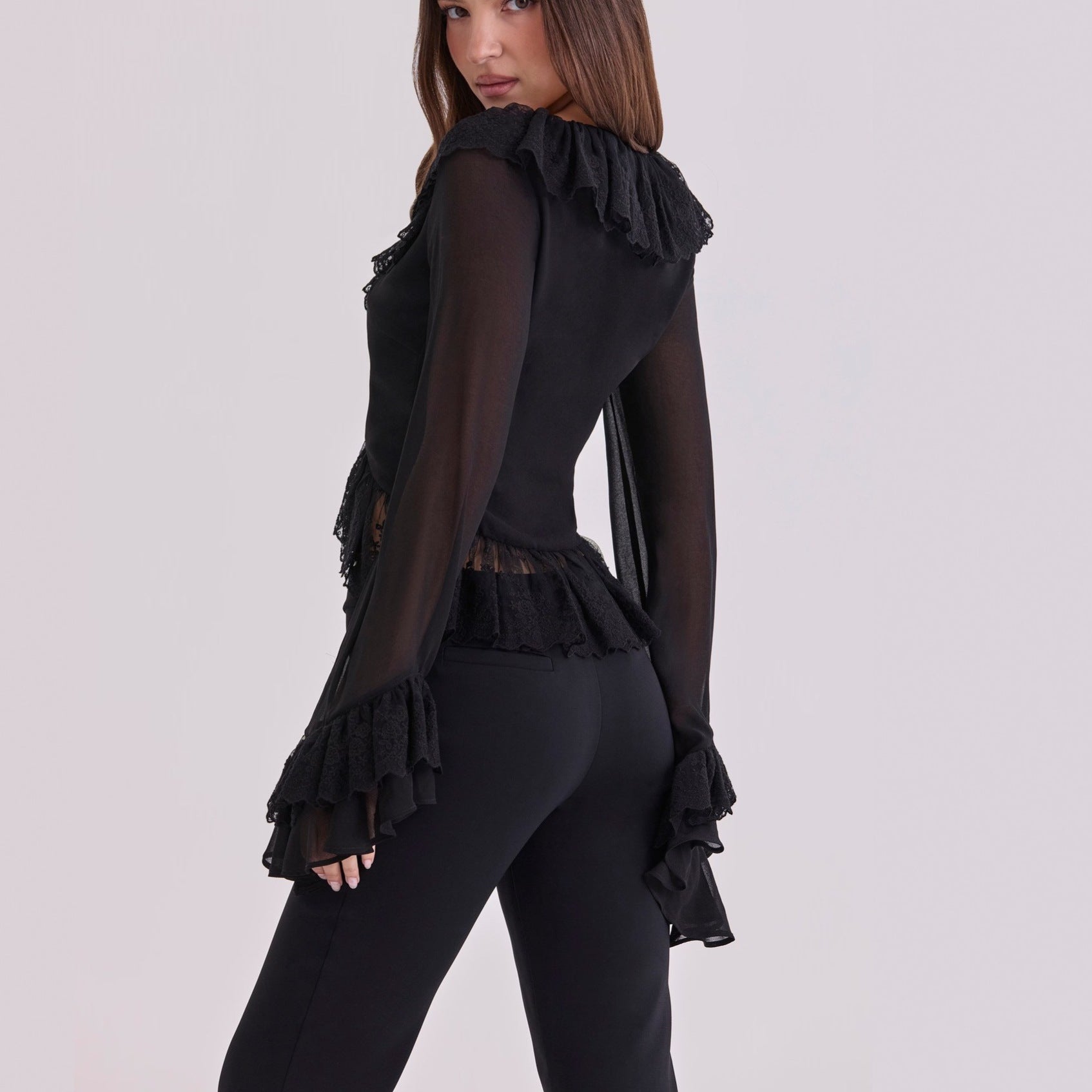 Damen Chiffon-Bluse mit Spitzenbesatz Shopnory