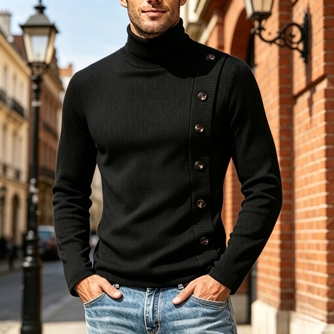 Herren Slim-Fit Rollkragenpullover mit asymmetrischer Zierknopfleiste aus Rippstrick Shop Nory
