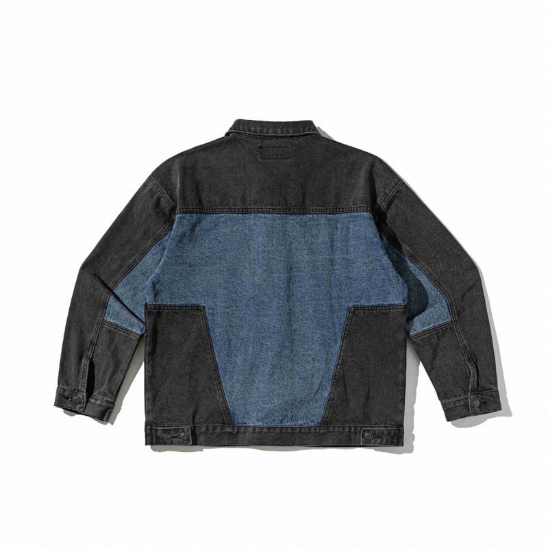 Unisex Zweifarbige Oversize-Denimjacke im Worker‑Look mit aufgesetzten Brusttaschen und geradem Saum Shop Nory