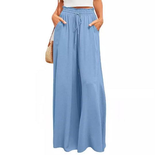 Frauen Hohe Taille Rüschen Elastischer Bund Weite Bein Strand Palazzo Hose mit Zugband und Seitentaschen Shop Nory