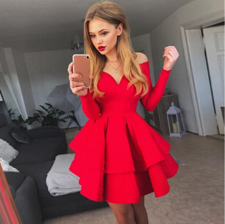 Damen Verspieltes schulterfreies Cocktailkleid mit Volants und tiefem V-Ausschnitt