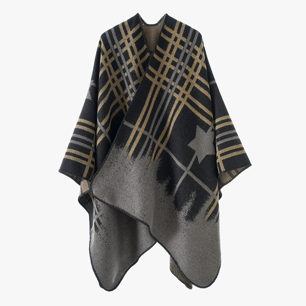 Damen Oversize-Capeponcho aus Wollmix mit Stern- und Karojacquard und weichfallendem Fall Shop Nory