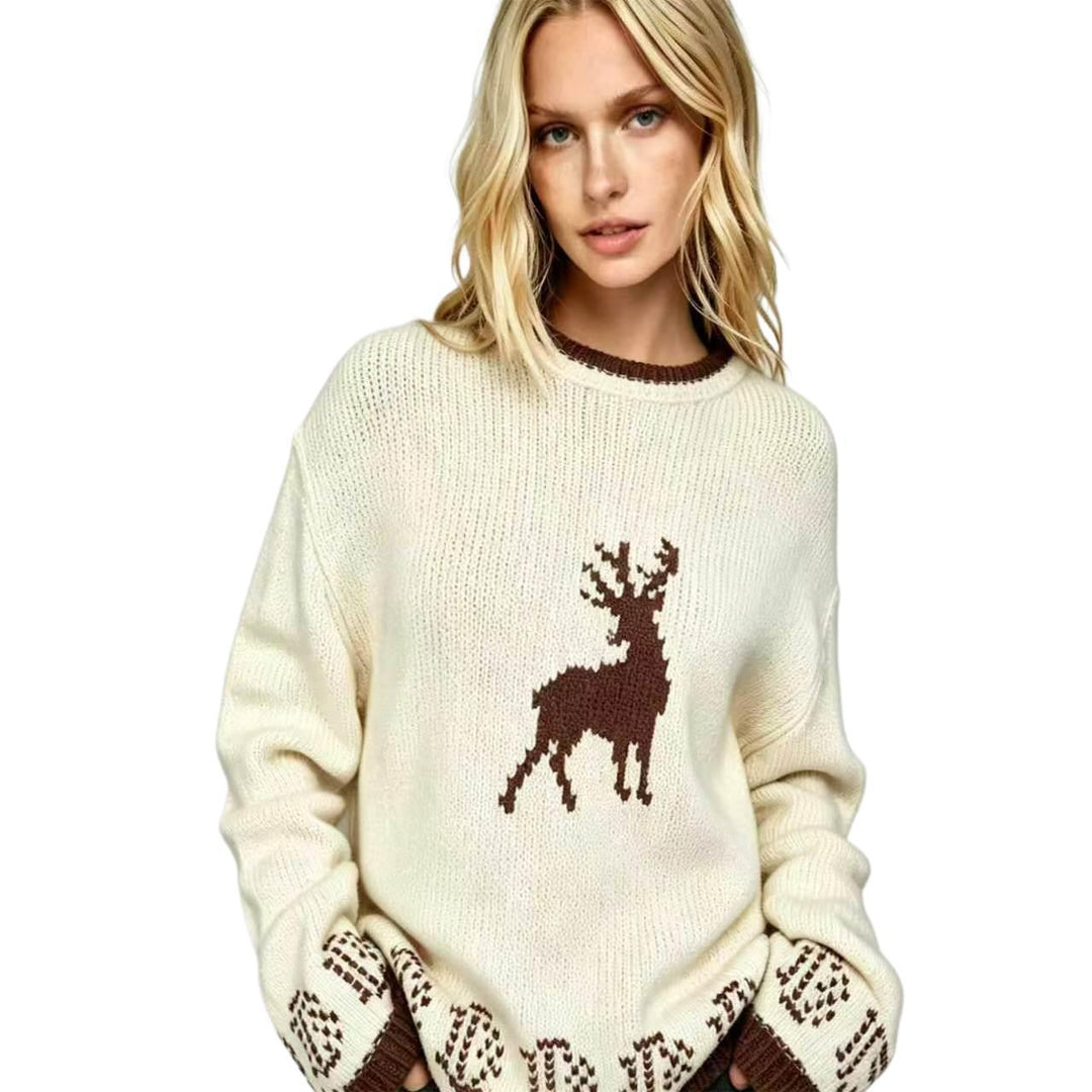Damen Oversize Strickpullover mit Hirschintarsie, Rundhalsausschnitt und Norwegerbündchen Shop Nory