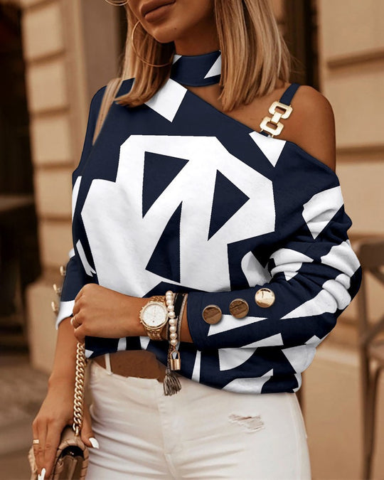 Damen asymmetrisches Off-Shoulder Langarmshirt mit Choker-Kragen und Schulterträgern Shop Nory