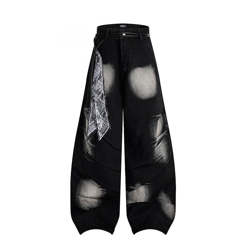Damen Extraweite Distressed-Jeans im Baggy‑Schnitt mit Batik‑Wash und Tuchgürtel Shop Nory