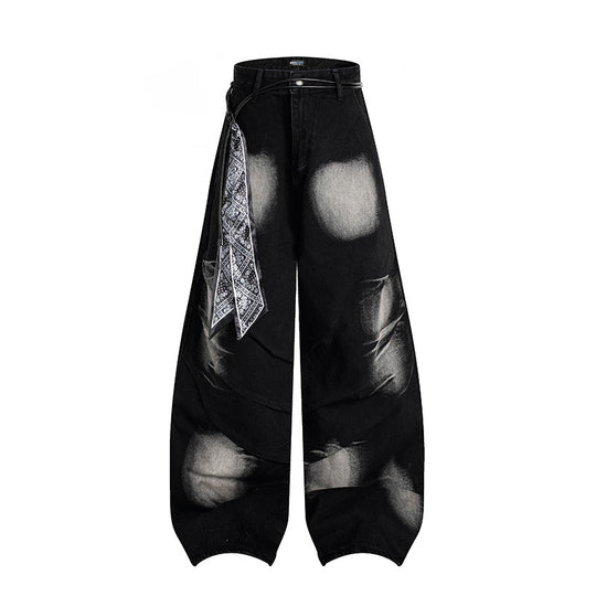Damen Extraweite Distressed-Jeans im Baggy‑Schnitt mit Batik‑Wash und Tuchgürtel Shop Nory