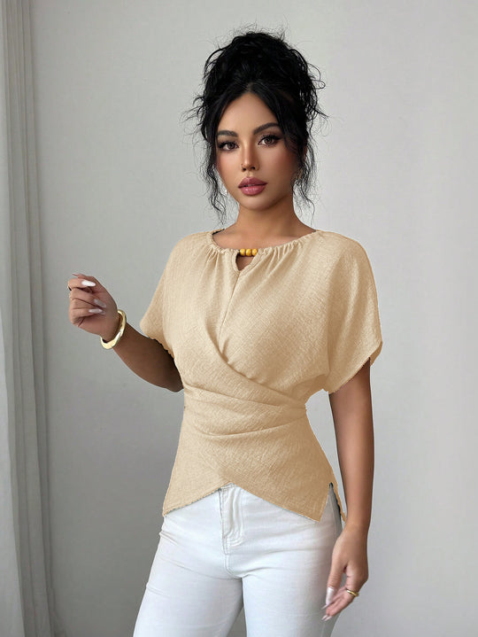Damen Tailliertes Leinenoptik-Top mit Schlüsselöffnung, Perlen-Detail und Drapierung Shop Nory