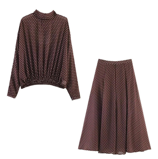 Damen Zweiteiliges Pünktchen-Set mit Stehkragenbluse und ausgestelltem Midirock Shop Nory