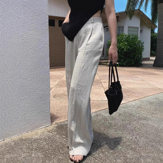 Damen Weite Leinenmix-Hose mit hoher Taille, Bügelfalte und Eingrifftaschen Shop Nory