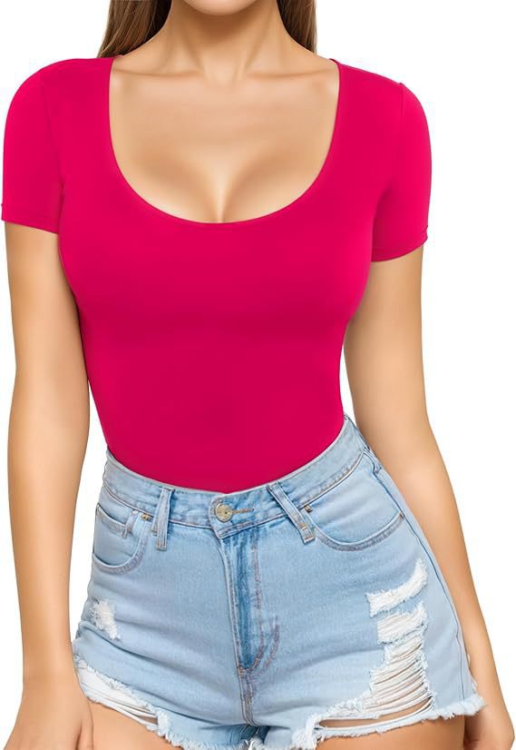 Damen figurbetontes Kurzarm-Body mit rundem Ausschnitt und nahtlosem Design