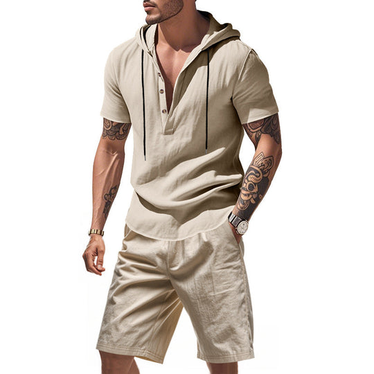 Herren lässiges Kurzarmhemd mit Kapuze und Shorts