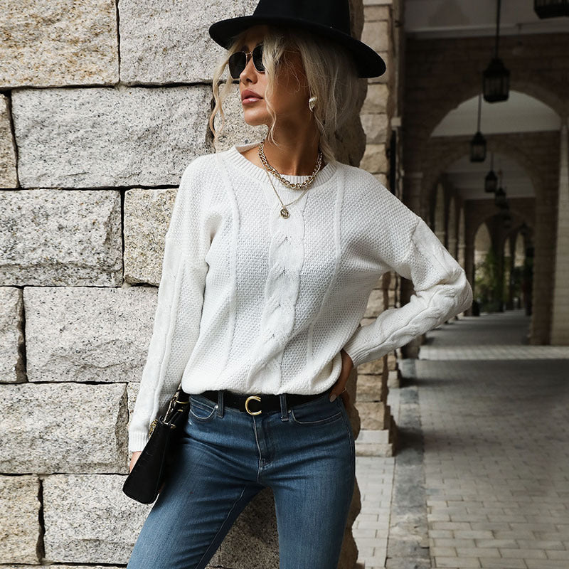 Damen Feiner Rundhals-Pullover mit Zopfmotiv und geripptem Saum Shop Nory