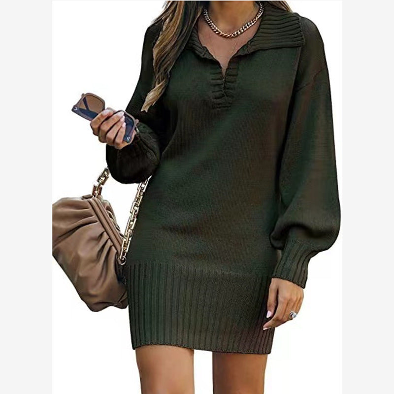 Damen nan schulterfreies Strickminikleid mit weitem V-Ausschnitt und Rippbund Shop Nory