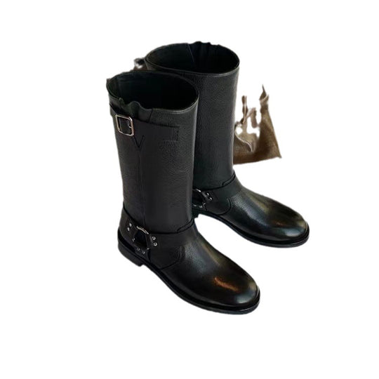 Damen Kniehohe Bikerstiefel aus Leder mit Harness‑Riemen & verstellbarer Schaftschnalle Shop Nory