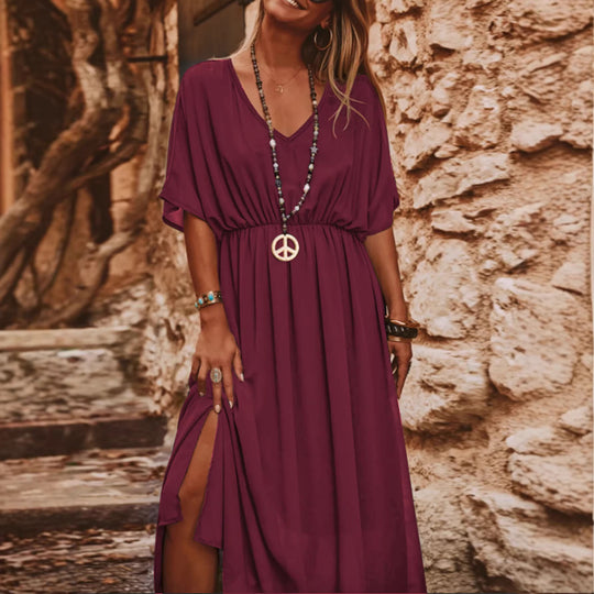 Damen Fließendes Maxikleid mit V-Ausschnitt, elastischem Taillenband und hohem Beinschlitz Shop Nory