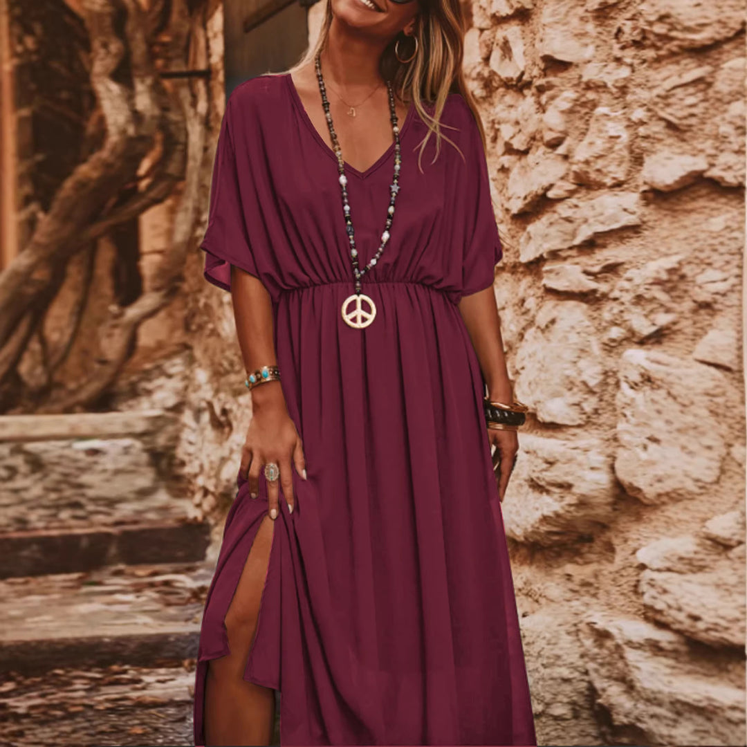 Damen Langes Boho‑Maxikleid mit V‑Ausschnitt, weiten Fledermausärmeln und hohem Beinschlitz Shop Nory