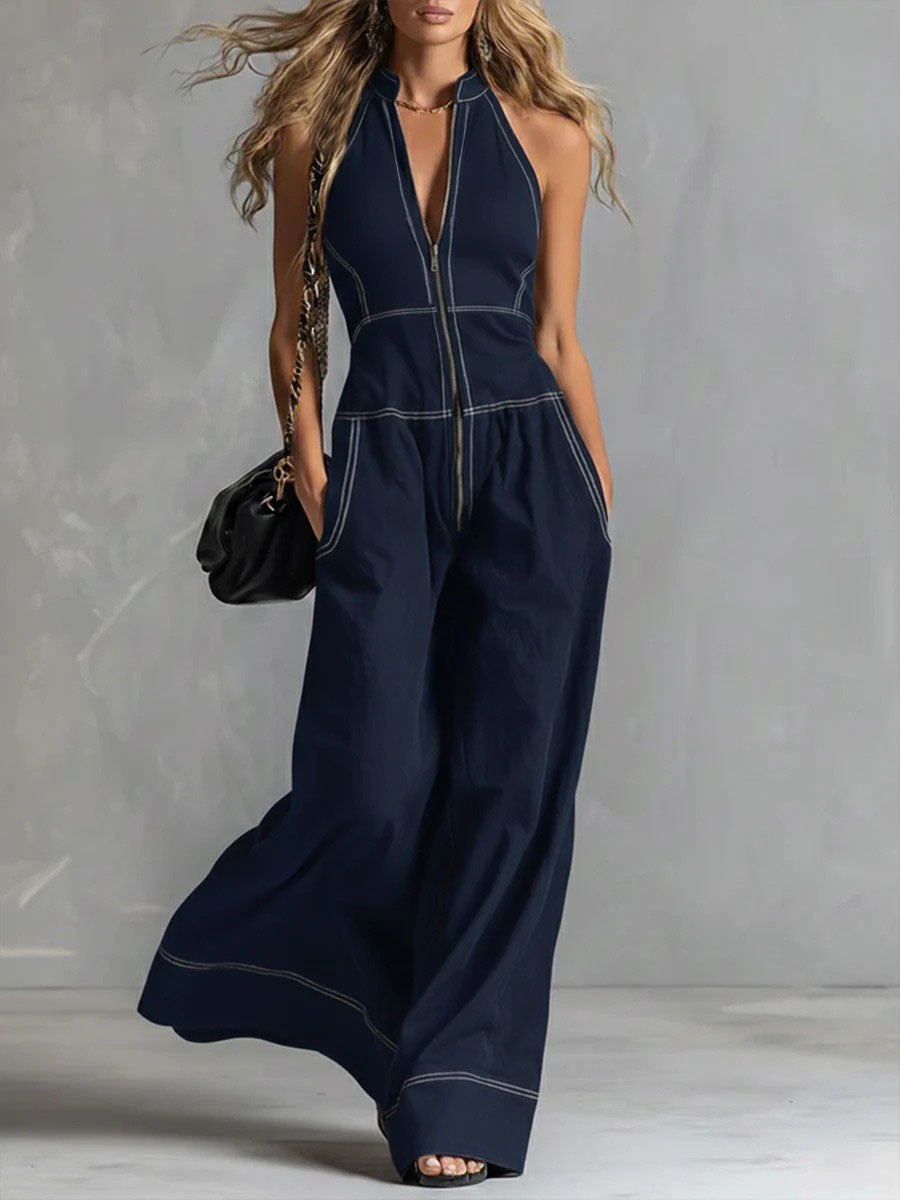 Damen Ärmelloser Halter-Jumpsuit mit Reißverschluss, weitem Bein und Eingrifftaschen Shop Nory